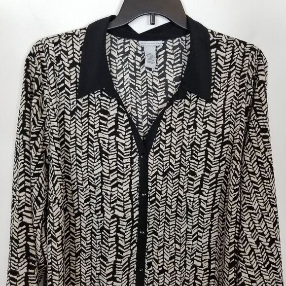 Catherines Womens Tunic Top 3X Herringbone Print Button Up Roll Tab Sleeve Black - Picture 2 of 7